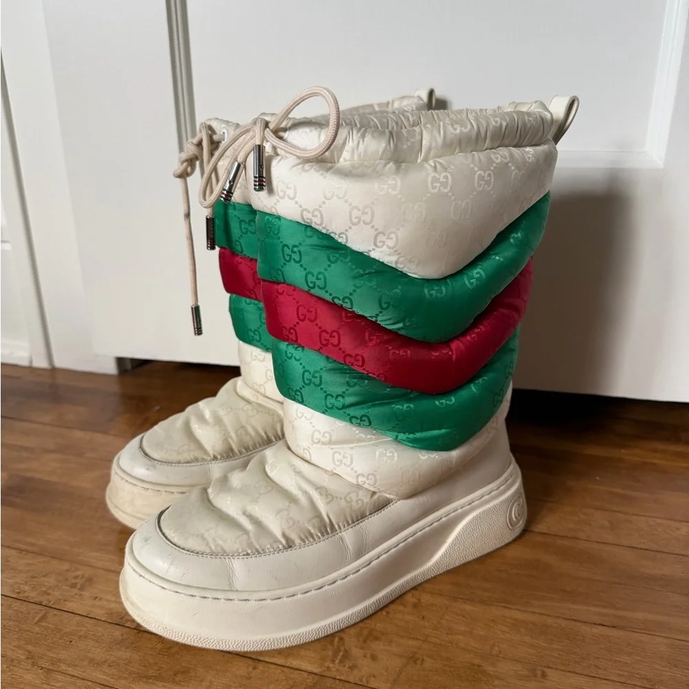 Gucci Red & Green Chevron Padded Nylon Winter Boots